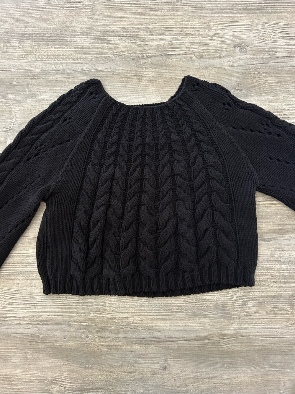 Free People Black Sandre Cable-Knit Pullover Sweater Medium Cropped Relaxed